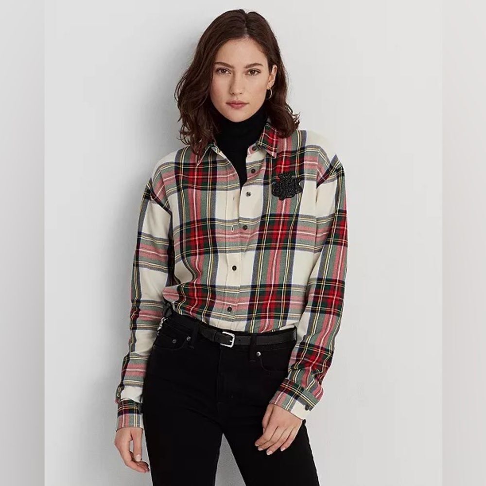 Lauren Ralph Lauren Women's Bullion Checked Plaid Twill Shirt size large